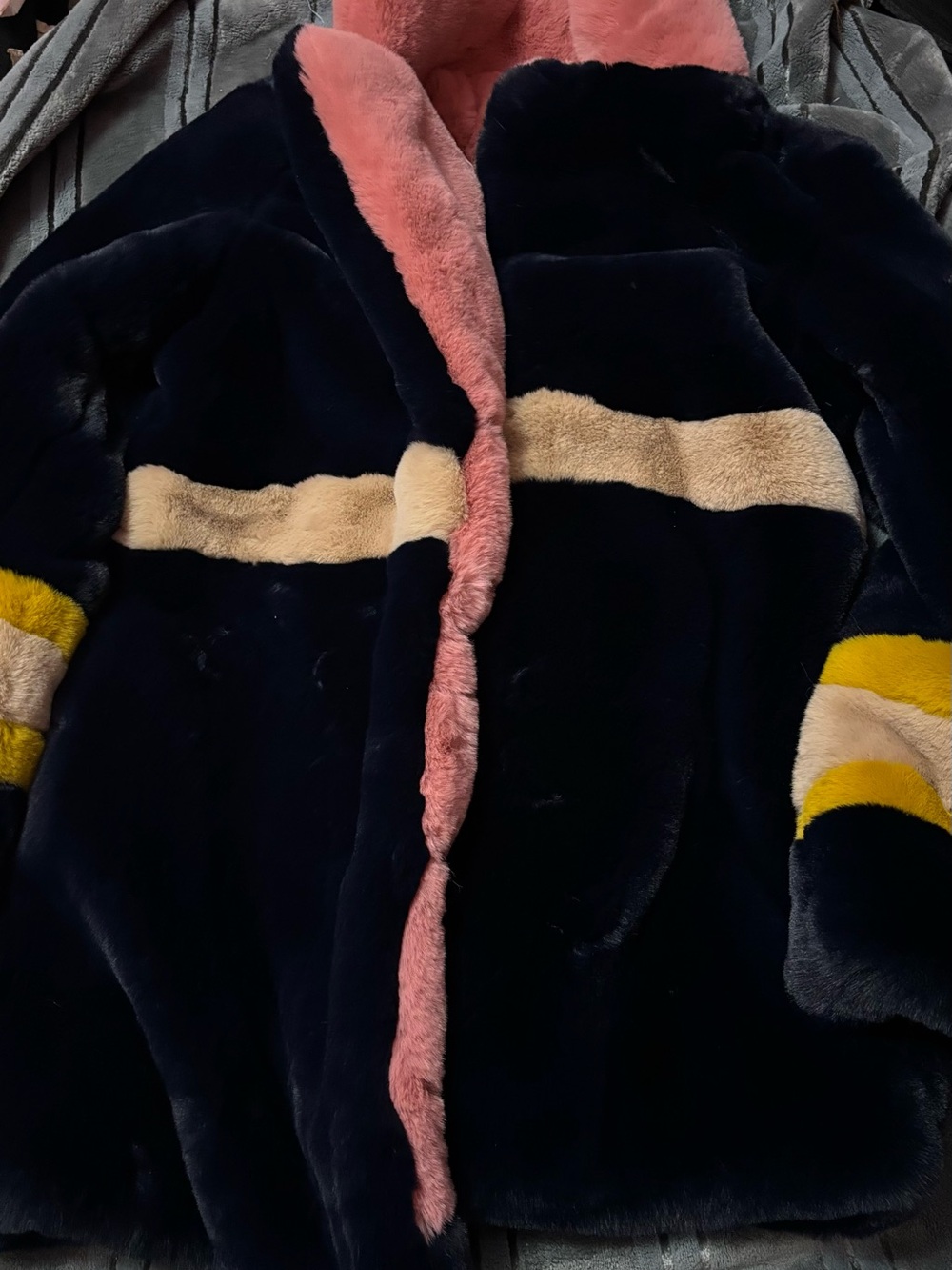 Apparis Kids Navy Faux-Fur Hooded Coat with Pink, Cream & Yellow Accents